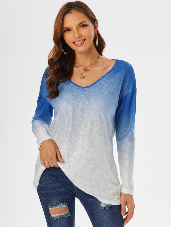 T-shirt Ombré à Col en V à Goutte Épaule - Bleu profond XL