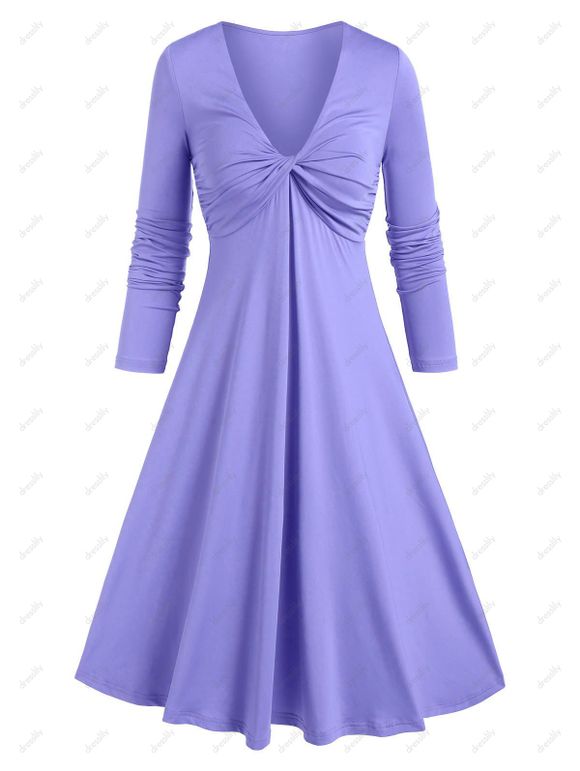 Robe Torsadée Devant à Col Plongeant à Manches Longues - Pourpre M