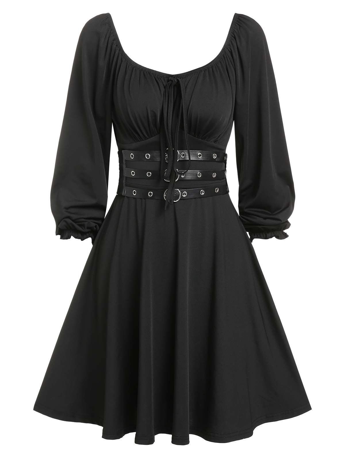 Robe Gothique Ceinturée avec Nœud Papillon à Manches Longues - Noir XXXL
