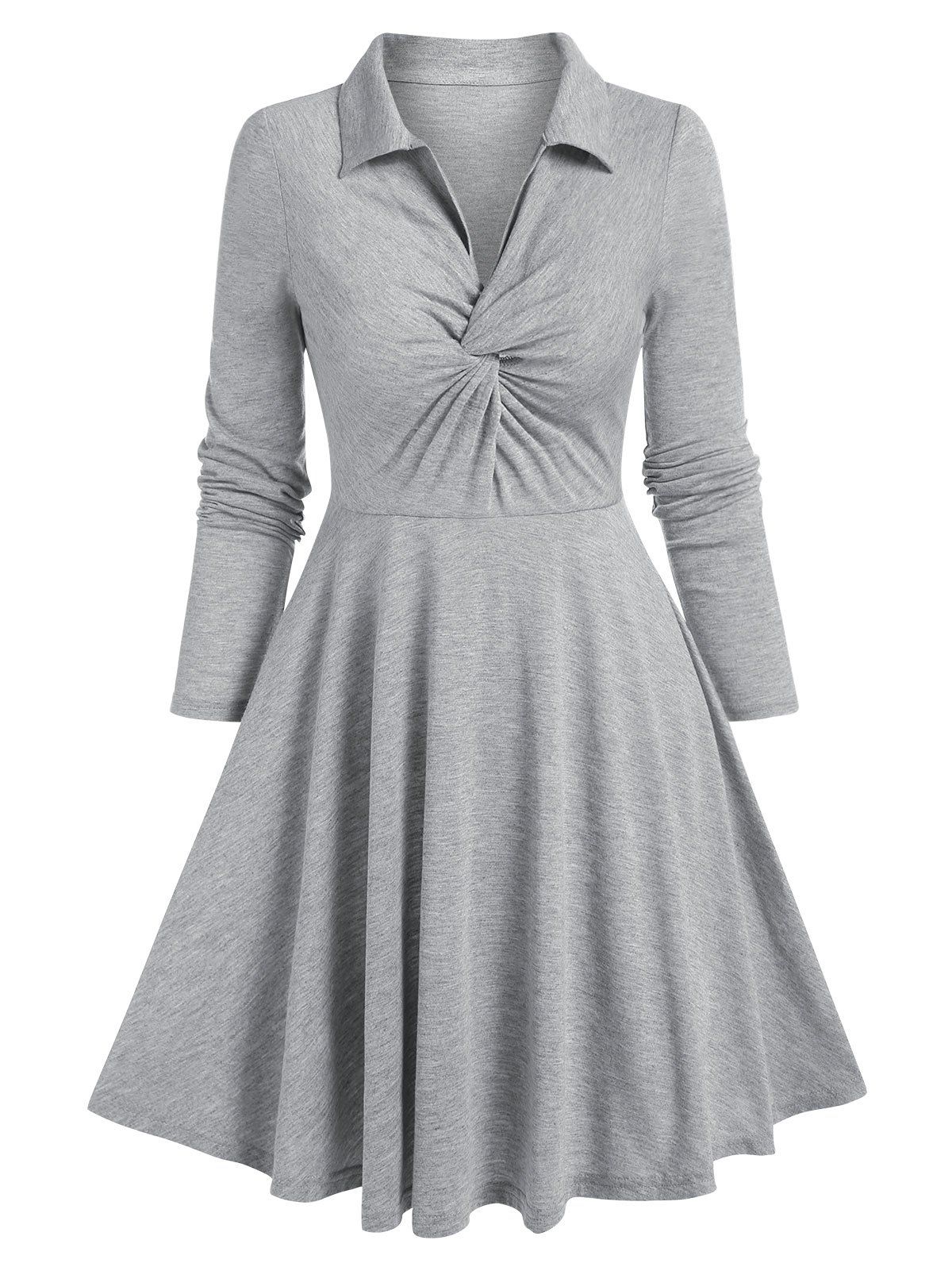 Twist Front Long Sleeve Heathered Dress - LIGHT GRAY M