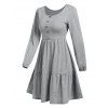 Long Sleeve Mock Button Tiered Mini Dress - GRAY M