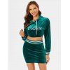Letters Embroidered Cropped Velour Hoodie and Mini Bodycon Skirt - DEEP GREEN L