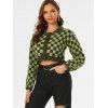 Drop Shoulder Checkerboard Cropped Cardigan - LIGHT GREEN S