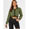 Drop Shoulder Checkerboard Cropped Cardigan - LIGHT GREEN S