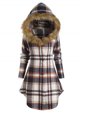 Faux-fur Trim Hooded Checked Coat