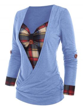 Heathered Contrast Colorblock Plaid Insert Roll Up Sleeve Corset Style Surplice T Shirt