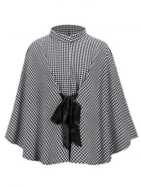 Batwing Sleeve Front Tie Houndstooth Poncho Cape