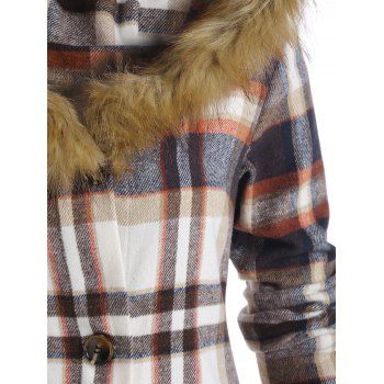 Faux-fur Trim Hooded Checked Coat