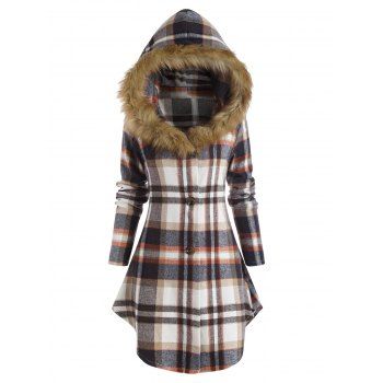 

Faux-fur Trim Hooded Checked Coat, Coffee