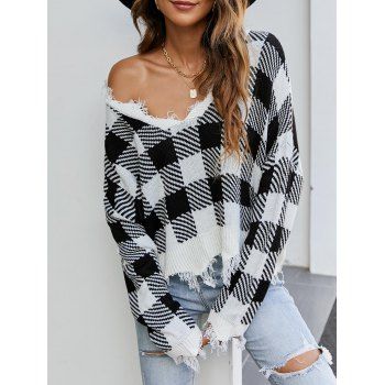 

Plaid Distressed Frayed Sweater, Black