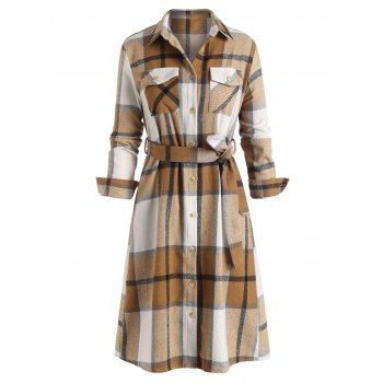 

Plaid Pocket Belted Flannel Dress, Light coffee