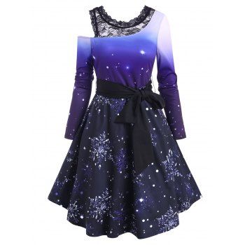 

Christmas Snowflake Ombre Lace Insert Belted Dress, Deep blue