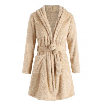 

Faux Fur Animal Ear Belted Wrap Bath Robe, Light coffee