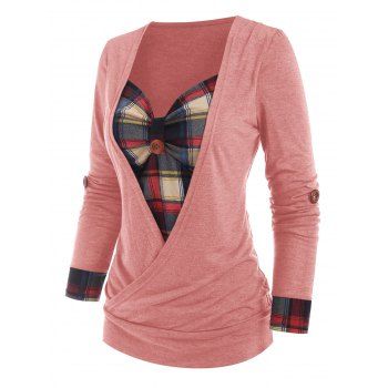 

Heathered Contrast Colorblock Plaid Insert Roll Up Sleeve Corset Style Surplice T Shirt, Light pink