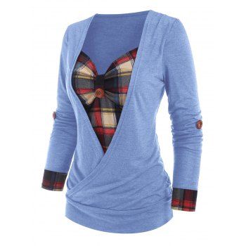 

Heathered Contrast Colorblock Plaid Insert Roll Up Sleeve Corset Style Surplice T Shirt, Light blue