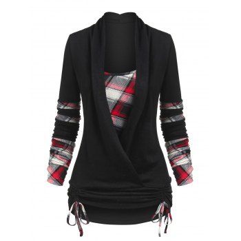 

Vintage Plaid Print Ruched Cinched Surplice Faux Twinset T-shirt Set, Black
