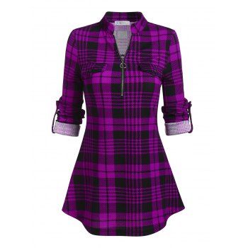 

Plaid Print Cuffed Sleeve Half Zip Curved Hem Mock Pocket Blouse, Purple