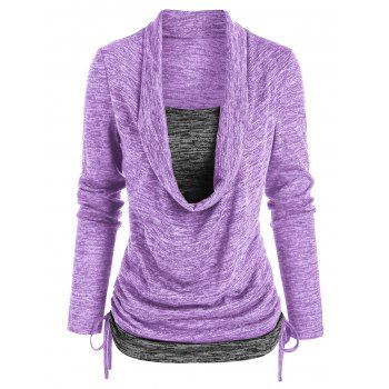 

Space Dye Print Long Sleeves Draped Cinched Faux Twinset T-shirt, Light purple