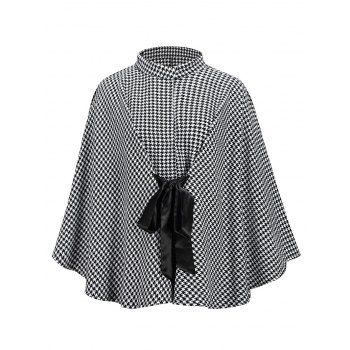 

Batwing Sleeve Front Tie Houndstooth Poncho Cape, Black