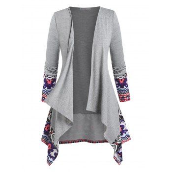 

Plus Size Ethnic Print Open Front Asymmetric Cardigan, Light gray