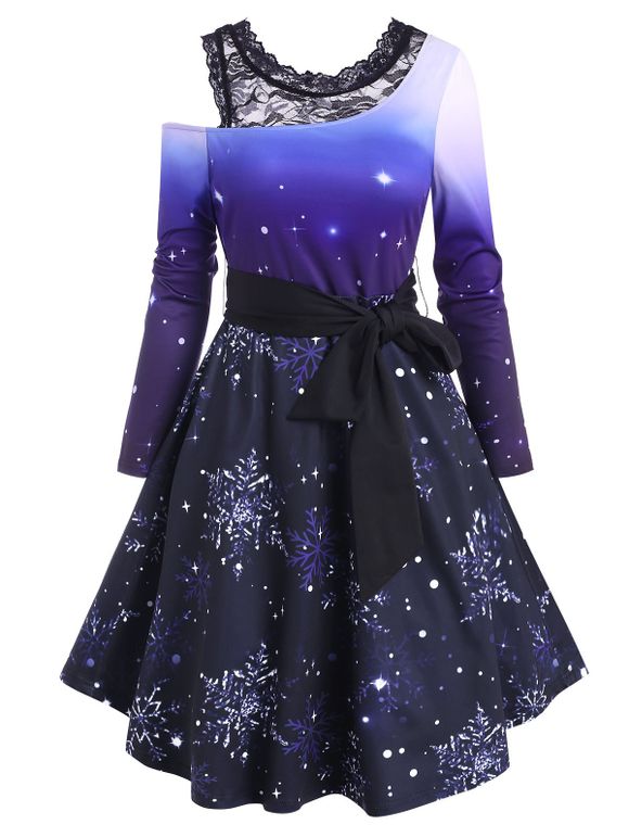 Christmas Snowflake Ombre Lace Insert Belted Dress - DEEP BLUE S
