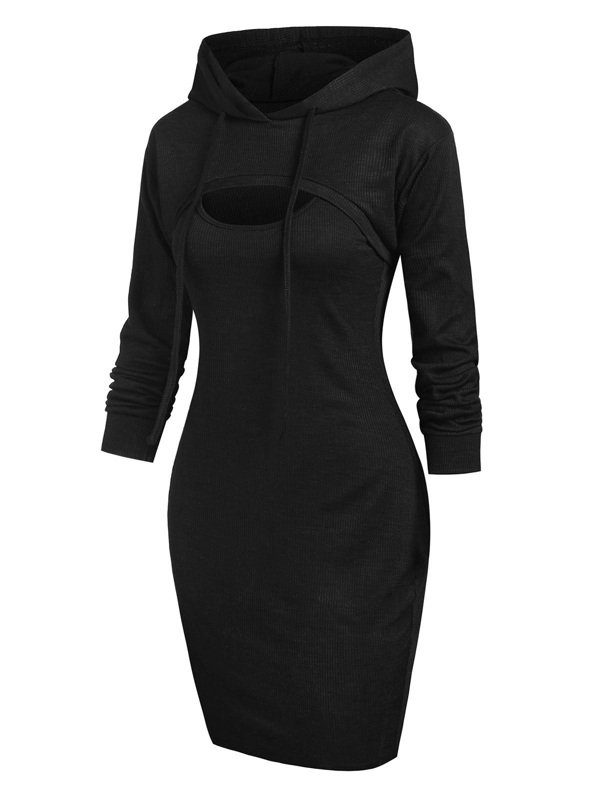 Heathered Knitted Bodycon Dress and Shrug Hoodie Set - BLACK XL