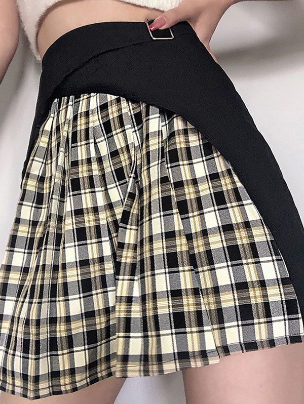Plaid Square Ring Mini Skirt - BLACK M