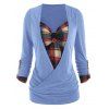 Heathered Contrast Colorblock Plaid Insert Roll Up Sleeve Corset Style Surplice T Shirt - LIGHT BLUE XXXL