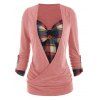 Heathered Contrast Colorblock Plaid Insert Roll Up Sleeve Corset Style Surplice T Shirt - LIGHT PINK M