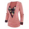 Heathered Contrast Colorblock Plaid Insert Roll Up Sleeve Corset Style Surplice T Shirt - LIGHT PINK XXL
