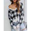 Plaid Distressed Frayed Sweater - BLACK XL