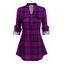 Plaid Print Cuffed Sleeve Half Zip Curved Hem Mock Pocket Blouse - PURPLE M