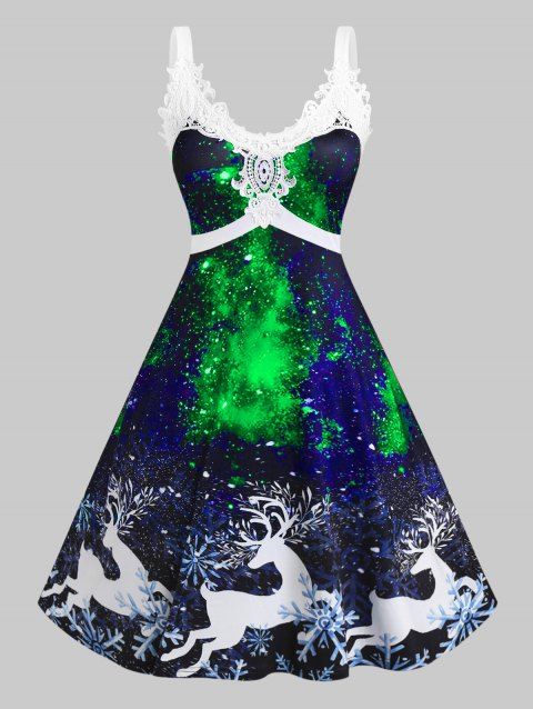 Plus Size Lace Panel Elk Print 3D Galaxy Christmas Dress