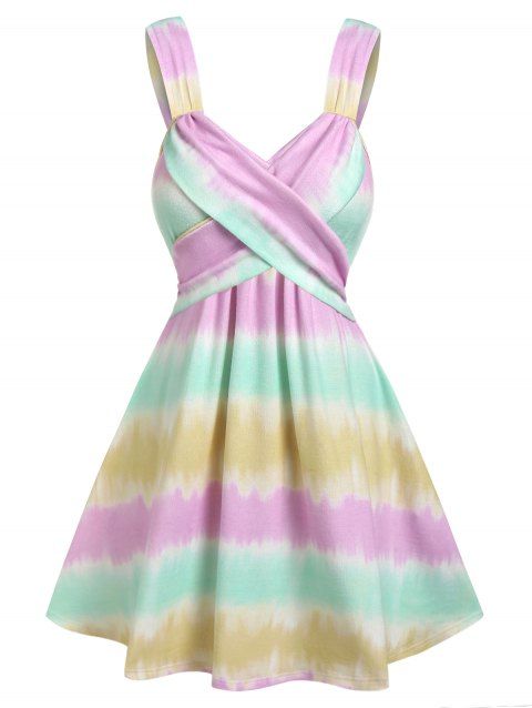 Tie Dye Print Mini Dress Crossover Pastel Striped A Line Dress Sleeveless Summer Dress