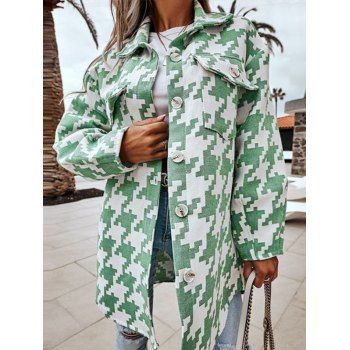 

Houndstooth Print Button Up Coat, Light green