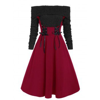 

Lace Up Corset Style Knit Mixed Media Off Shoulder Dress, Deep red