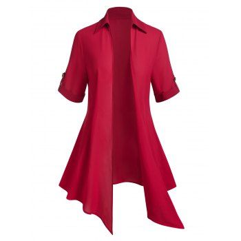 

Plus Size Cuffed Sleeve Open Front Tunic Cardigan, Red