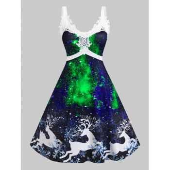 

Plus Size Lace Panel Elk Print 3D Galaxy Christmas Dress, Green