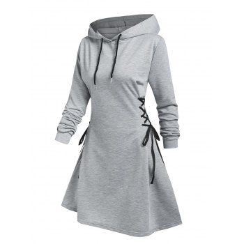 

Plain Lace Up Drawstring Hooded Dress, Gray