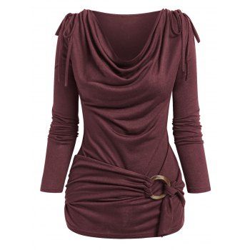 

Plain Cinched Cowl Neck Draped Long Sleeves O Ring T Shirt, Deep red