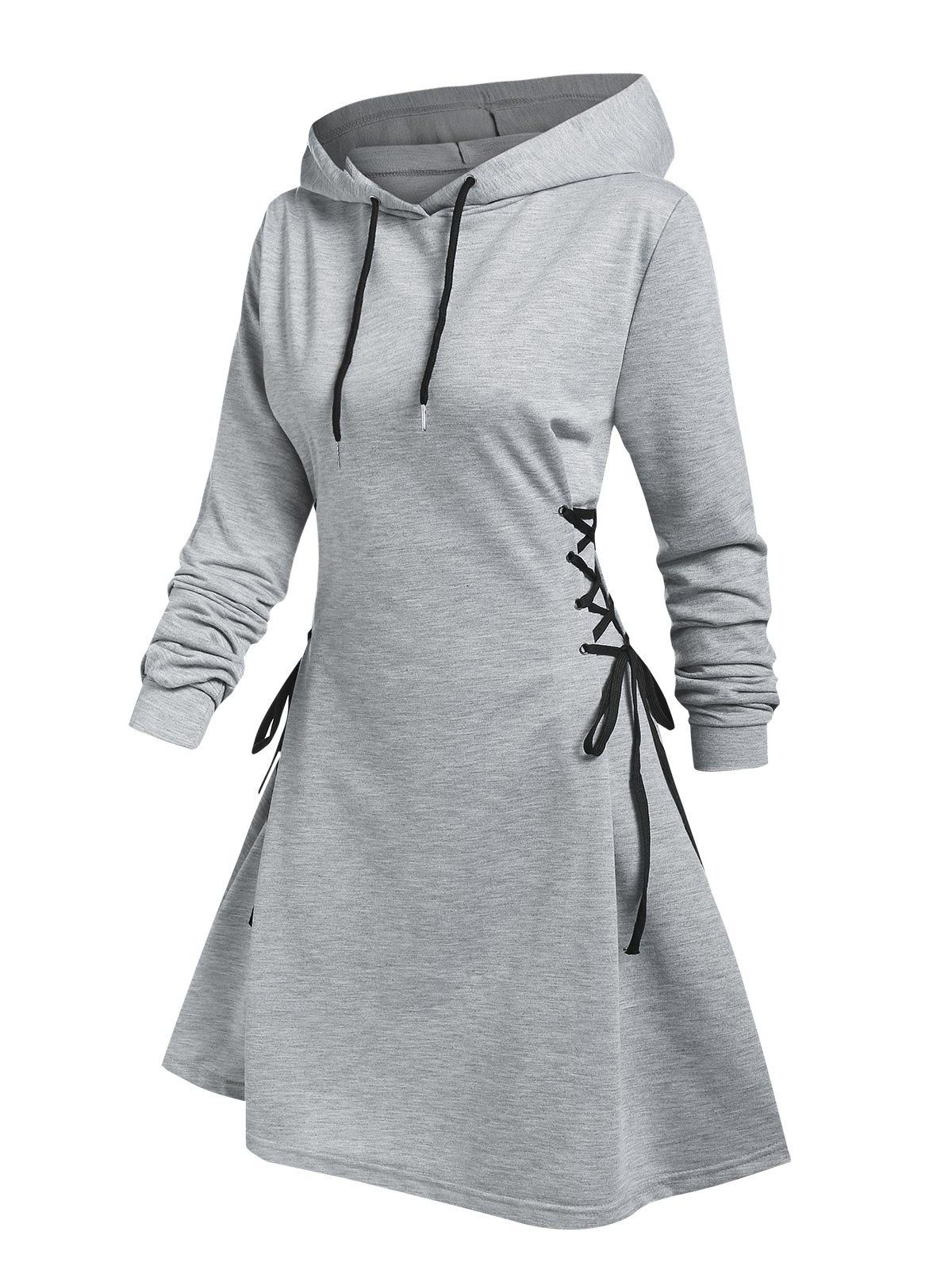 Lace Up Mini Hoodie Dress - GRAY XL