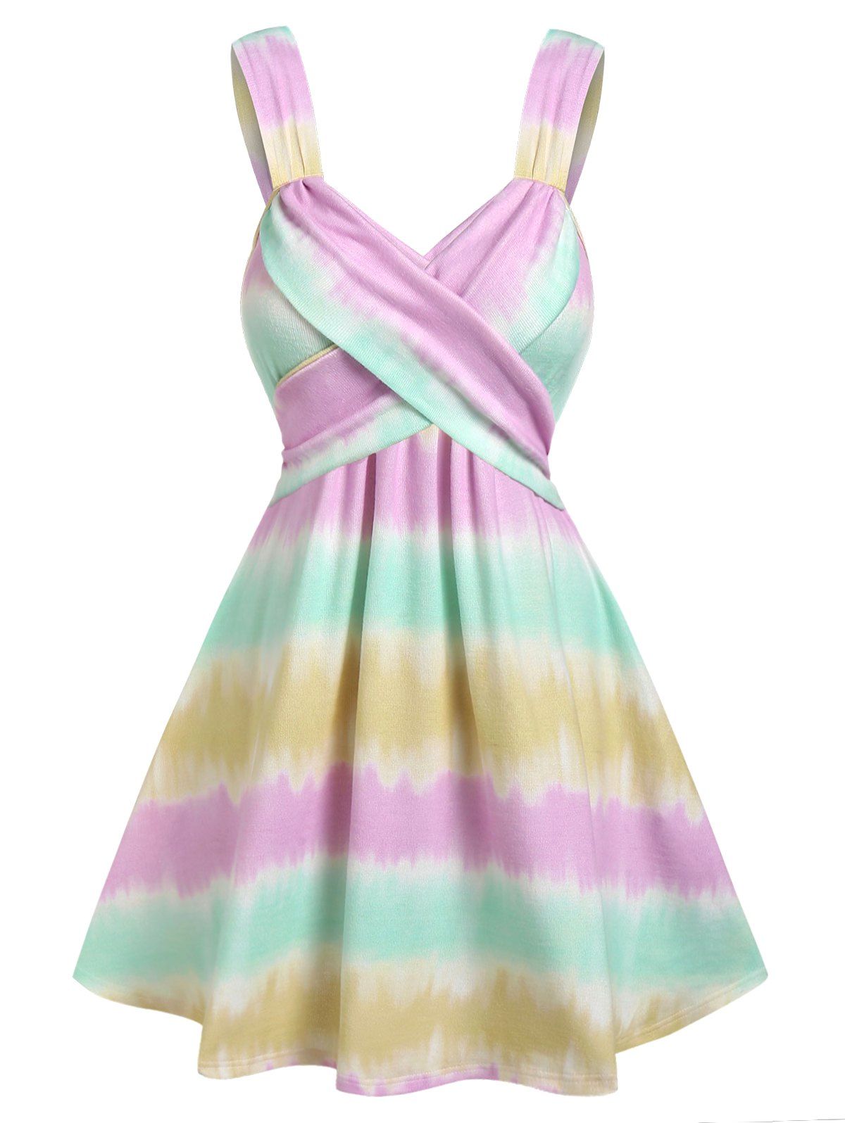Tie Dye Print Mini Dress Crossover Pastel Striped A Line Dress Sleeveless Summer Dress - multicolor L