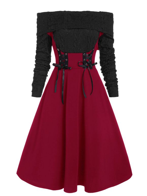 Robe Style Corset Epaule Dénudée en Tricot à Câble à Lacets - Rouge foncé XL