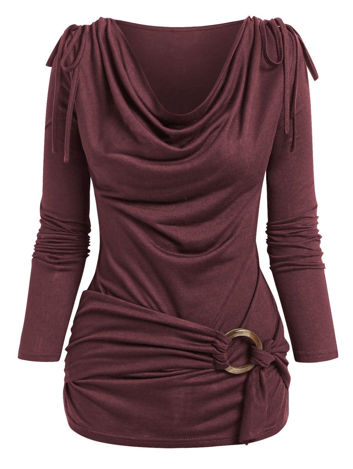 Plain Cinched Cowl Neck Draped Long Sleeves O Ring T Shirt - DEEP RED M