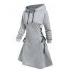 Plain Lace Up Drawstring Hooded Dress - GRAY M