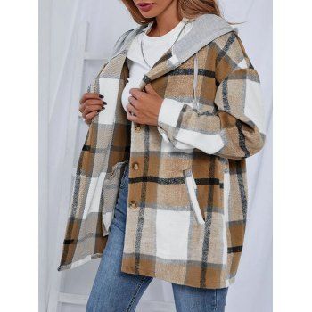 

Button Up Hooded Plaid Shacket, Light coffee
