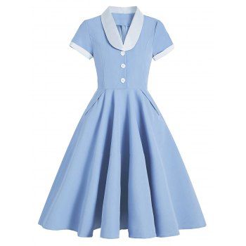 

Colorblock Mock Button Rolled Cuff Pocket Dress, Light blue