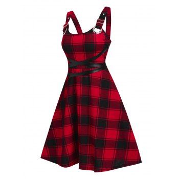 

Vintage Punk Plaid Buckle Flare High Rise Dress, Deep red