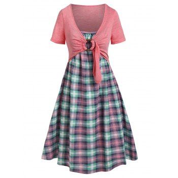 

Plaid O Ring Faux Twinset Dress, Light pink