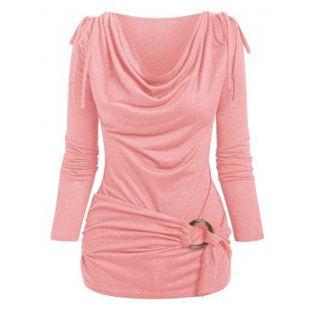 

Plain Cinched Cowl Neck Draped Long Sleeves O Ring T Shirt, Light pink